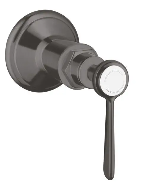 AXOR Montreux Absperrventil mit Hebelgriff in brushed black chrome, montiert an der Wand. Der Griff ist senkrecht und hat eine runde, flache Oberfläche.